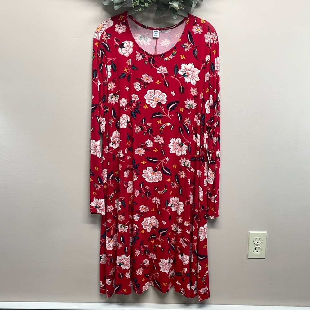 NWT Old Navy Jersey Swing Dress Long Sleeve Red Floral XXL